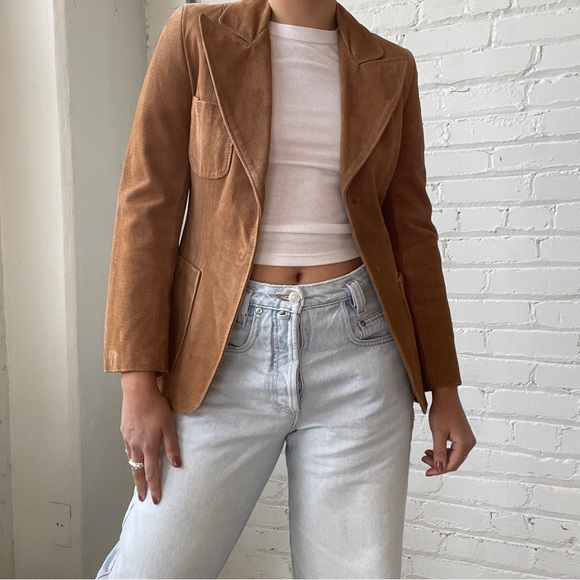 Vintage 70's Benchmark Tan Suede Leather Dagger Collar Jacket Blazer - Picture 2 of 9
